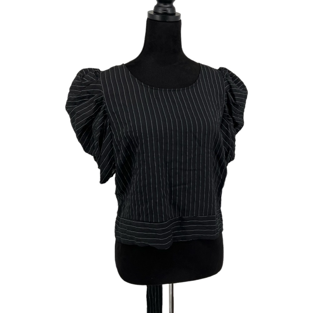 Milk & Honey Crop Black Stripe Puff Sleeve Button Tie Back Blouse Size XL